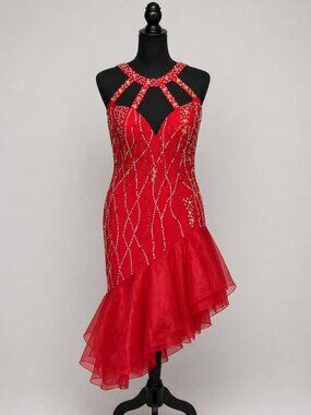 Red Beaded Latin Ballroom Dance Competition Dress with Ruffled Hem, Size Large